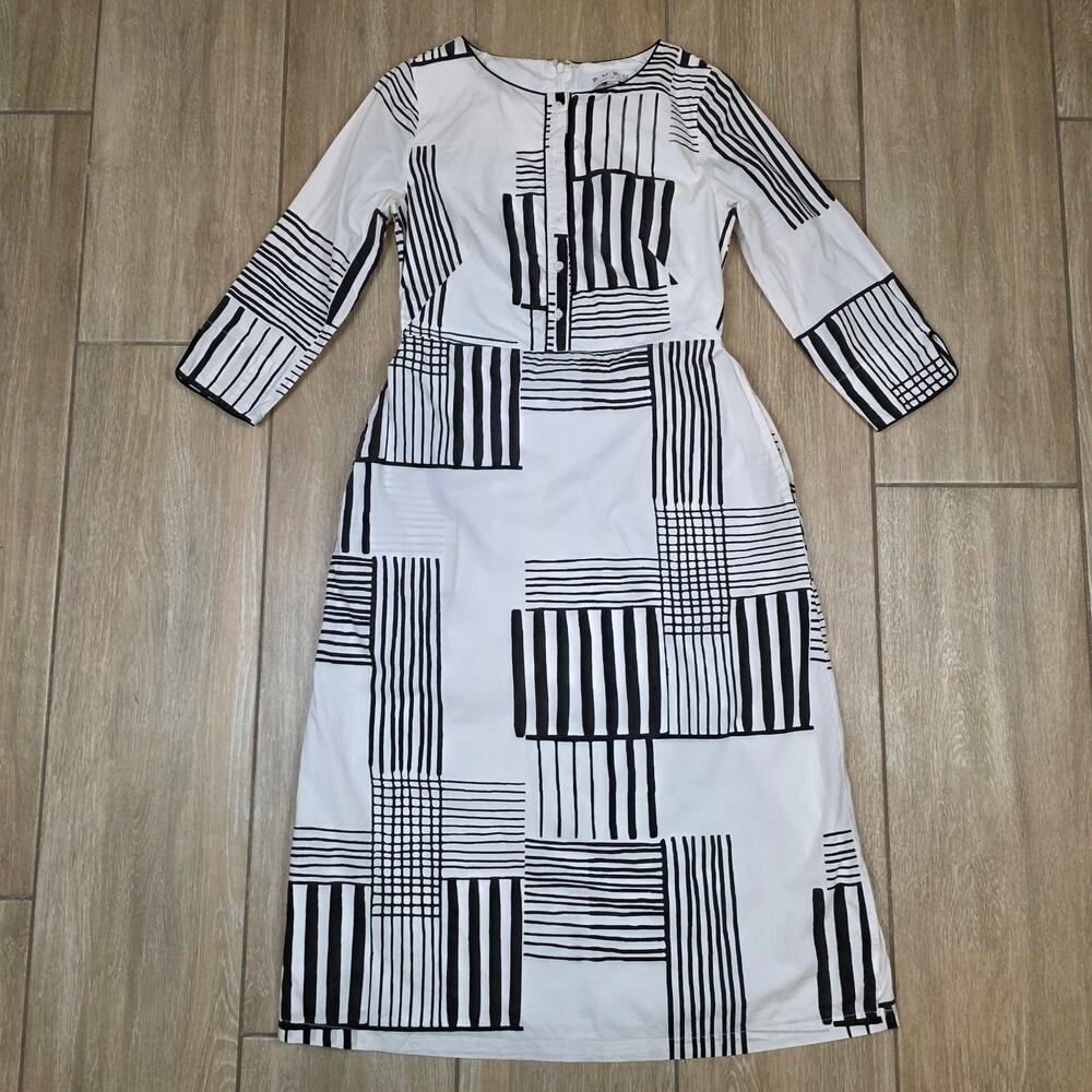 BURU Black White Geometric Midi Shift Dress Womens Small Cotton Lined Pockets